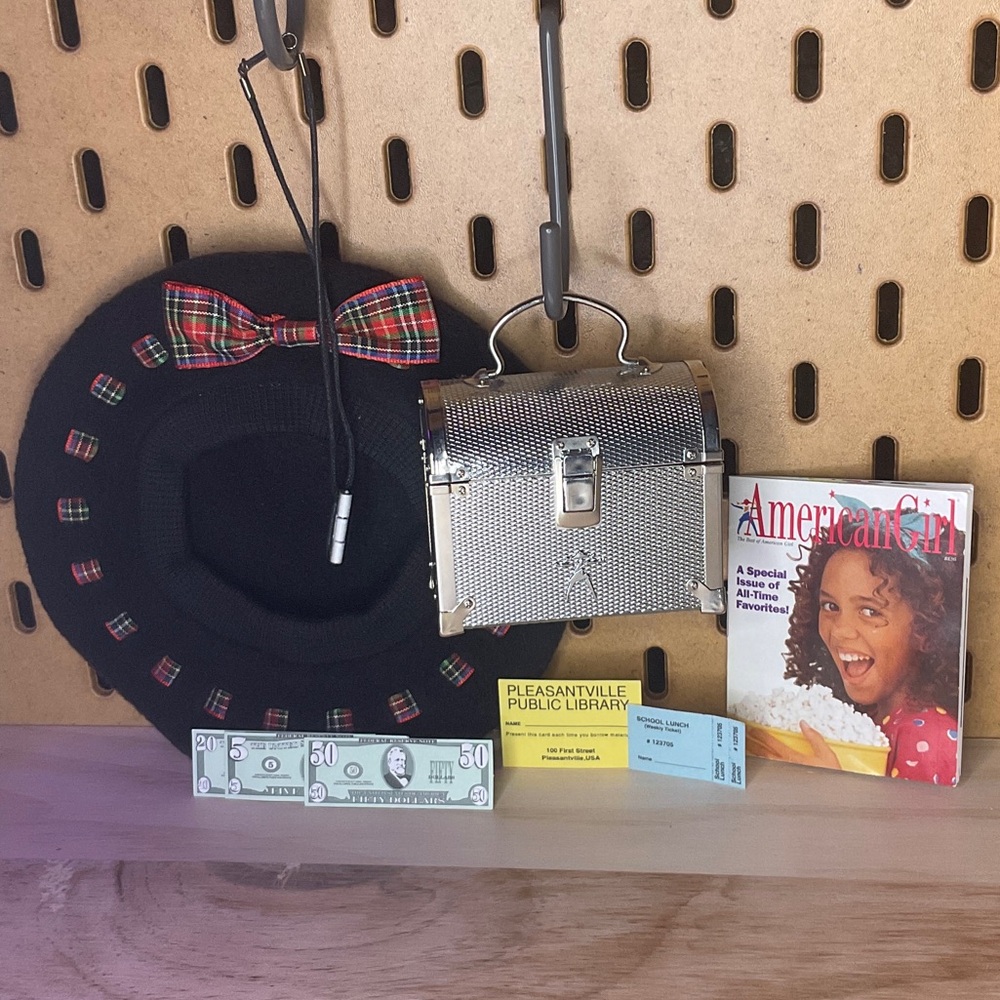American girl doll accessories - beret, purse, necklace,  magazine, dollar bills